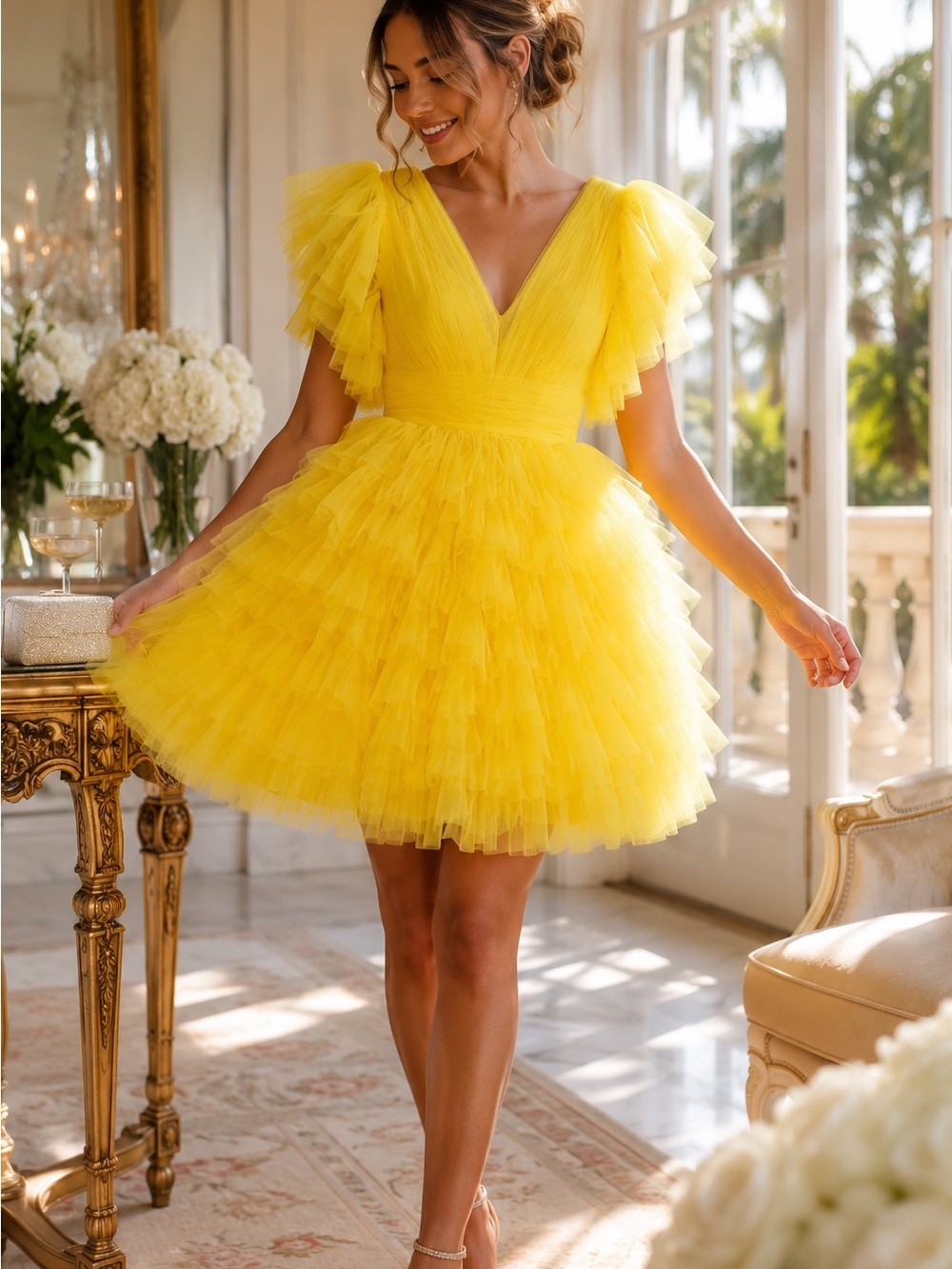 Mac Duggal Flutter Sleeve Yellow Mini Cocktail Dress NWT Size 0